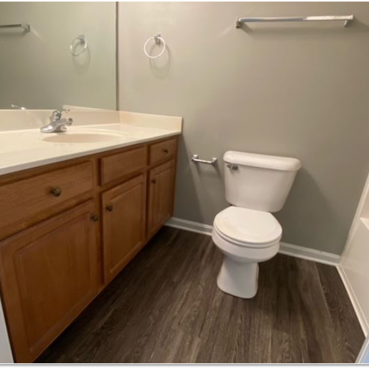 toilet, shower and sink with cabinets